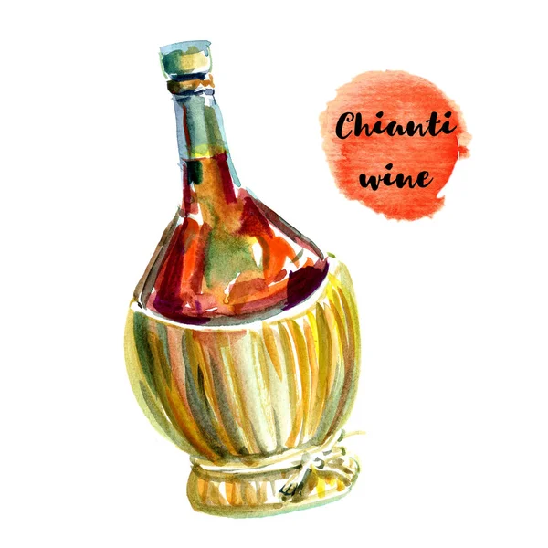 Een enkele fiasco fles Chianti wijn met een rieten mand basis. Verticaal formaat geïsoleerd op witte hand geschilderde aquarel illustratie — Stockfoto