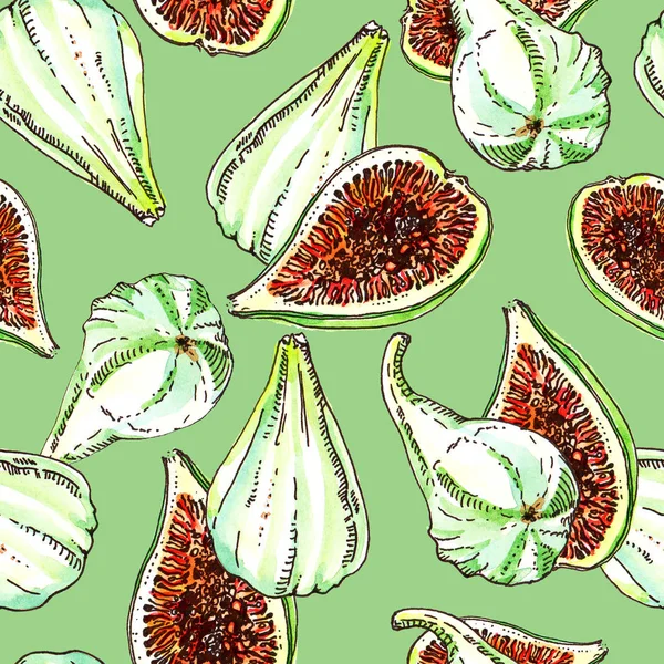 Ripe white green adriatic figs watercolor and ink seamless pattern on green background. Whole and half cut