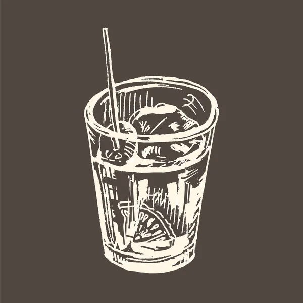 Vermouth, apéritif espagnol traditionnel. Illustration vectorielle dessinée main. Dessin croquis, craie blanche sur tableau noir. Verre isolé sur fond sombre — Image vectorielle