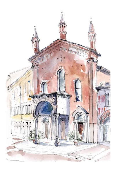 Ceglana fasada włoskiego Kościoła bazyliki San Calimero w Mediolanie, Włochy. Ręcznie rysowane atrament i akwarela ilustracja architektoniczna na białym tle — Zdjęcie stockowe
