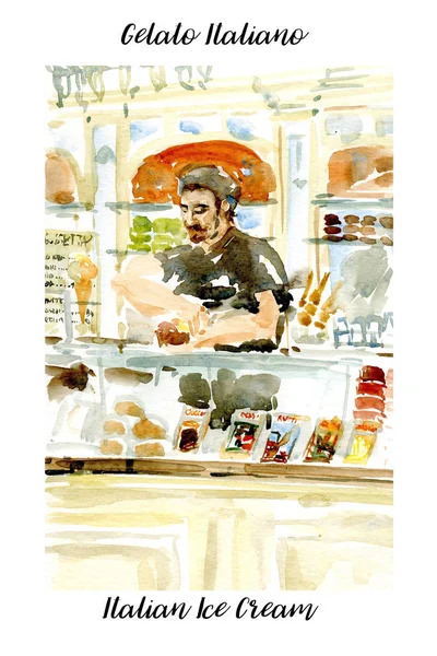 ジェラテリア店でイタリアのジェラートアイスクリームを売っているお菓子の笑顔の男。水彩イラスト — ストック写真