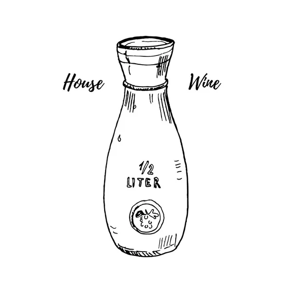 Ilustración vectorial de vino de vidrio o jarra de agua aislada en blanco. Dibujo de tinta dibujado a mano. Buque de servir vino típico de la casa italiano y francés — Vector de stock