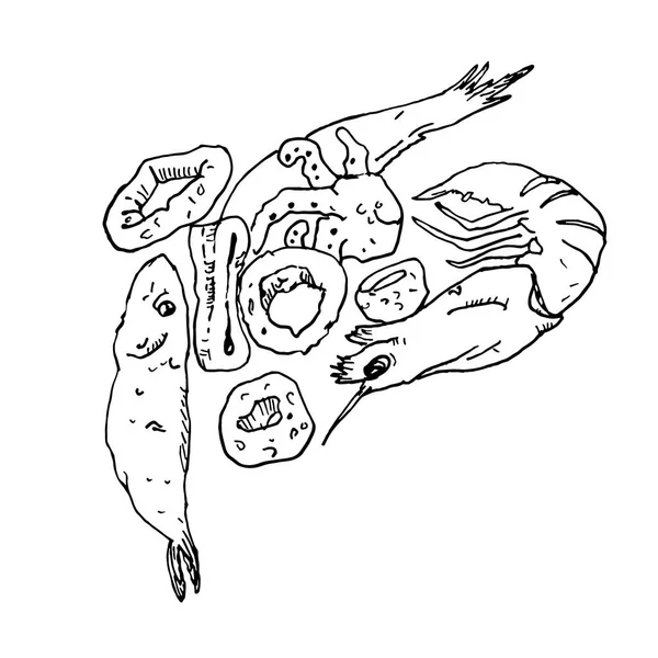 Mezcla de pescado frito, camarones y calamares. Plato italiano típico llamado fritto misto. Dibujo de tinta negra vectorial — Vector de stock