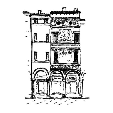 İtalyan ev cephelerinin mürekkep vektör illüstrasyonel çizilmiş. Beyaz arka planda yalıtılmış siyah çizgi çizimi