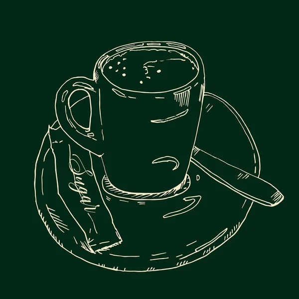 Craie sur tableau noir croquis graphique. Petite tasse de café sur une assiette avec une cuillère à thé et une illustration en sucre, dessin vectoriel dessiné à la main, lumière sur fond sombre. icône de style vintage pour la conception de menu — Image vectorielle