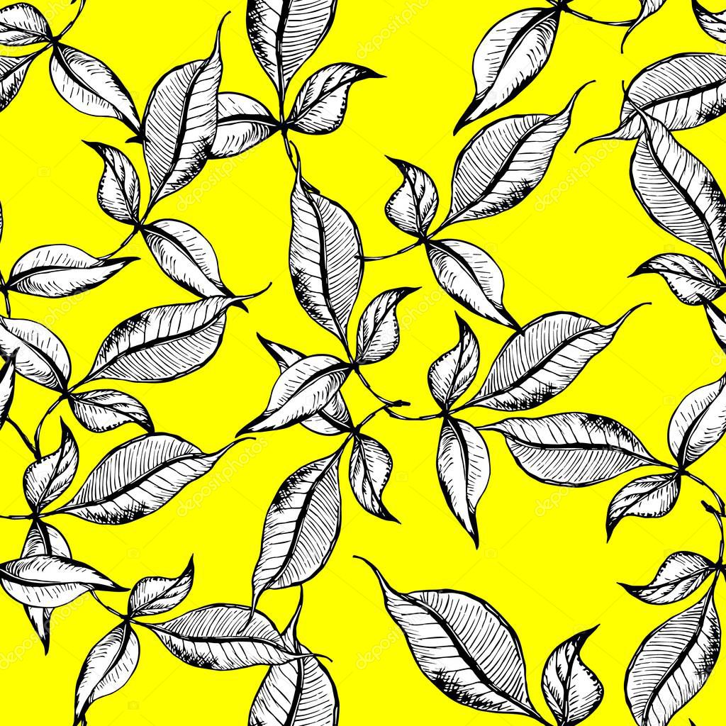Vector seamless outline leaves pattern. Black ink engraved on sunny yellowbackground. Trendy elegant design concept for fashion textile print.