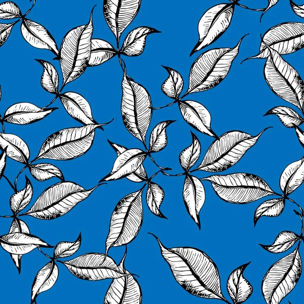 Vector contorno sin costura deja patrón. Tinta negra grabada sobre fondo azul. Concepto de diseño elegante de moda para impresión textil de moda . — Archivo Imágenes Vectoriales