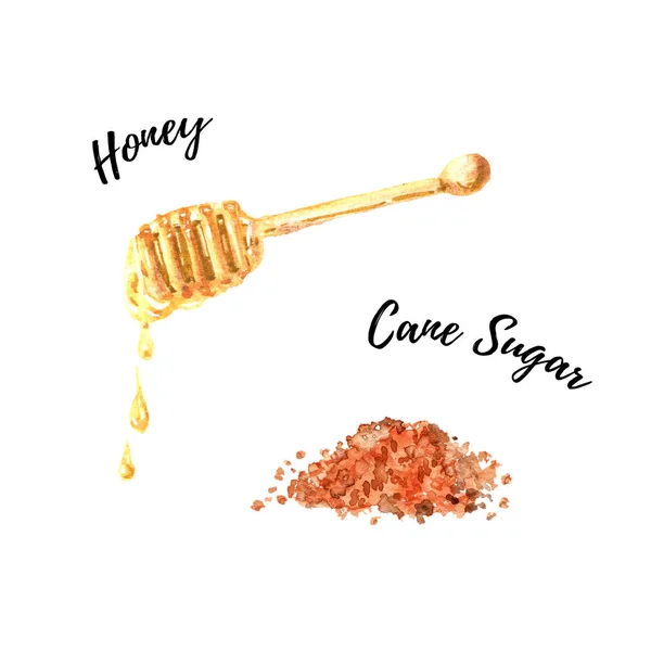 Azúcar de caña marrón y miel líquida que gotea de la ilustración de acuarela de la cacerola de miel aislada sobre fondo blanco — Foto de Stock