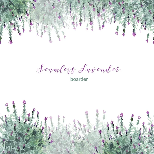 French lavender card with flowers in watercolor paint style. Gentle blossom floral bouquet. Provence summer field design for wedding invitation. Seamless borders