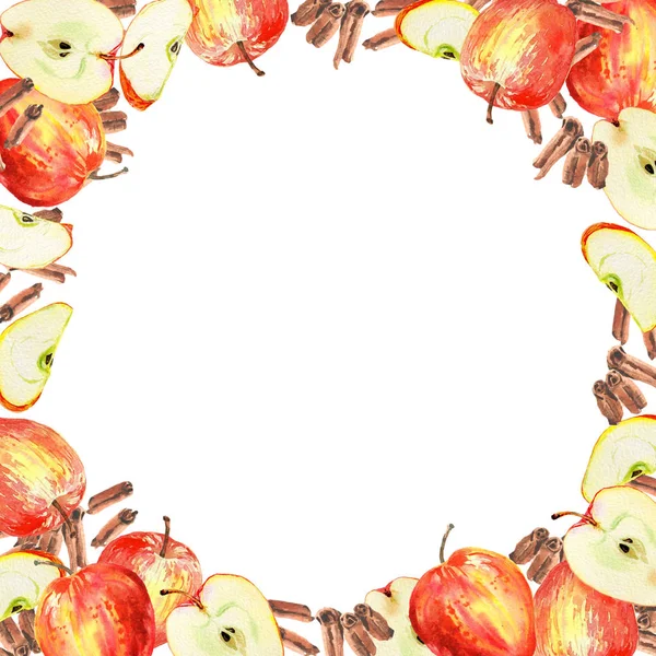 水彩画。 红苹果和肉桂圆角框. 被白色背景隔离。 茶叶、食品、化妆品、糖果、苹果烘焙、保健品设计. — 图库照片
