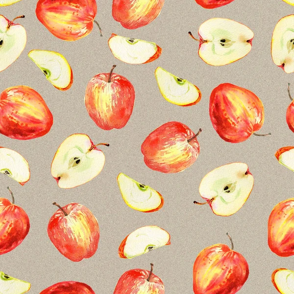 Υδατογραφία αδιάλειπτη μοτίβο με κόκκινα μήλα, φέτες σε καφέ φόντο χαρτί. Χειροποίητο και ζωγραφισμένο. Άνετη φθινοπωρινή διάθεση — Φωτογραφία Αρχείου