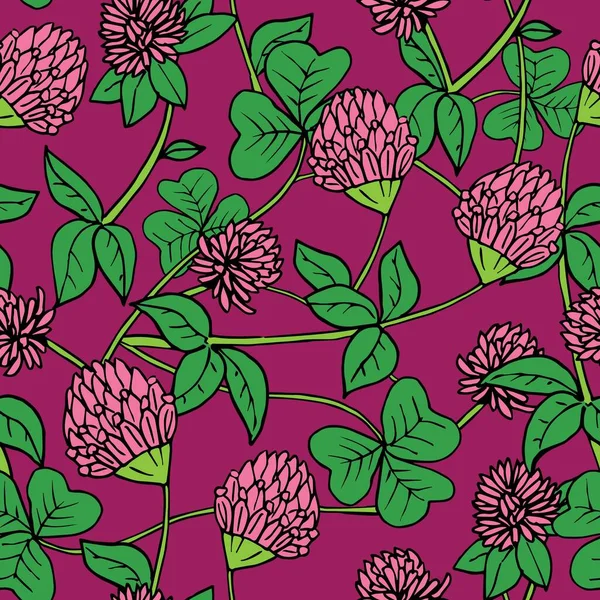 Tinta dibujada a mano y patrón floral vectorial sin costuras de color. Flores de trébol rosa brillante con hojas verdes sobre fondo púrpura — Vector de stock