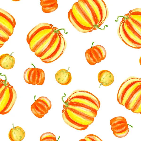 Zucche di Halloween arancioni gialle modello senza cuciture su bianco. Illustrazione raccolta acquerello . — Foto Stock