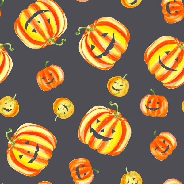 Patrón sin costuras de calabazas de corte halloween amarillo anaranjado sobre fondo negro oscuro. Ilustración de la cosecha acuarela . — Foto de Stock