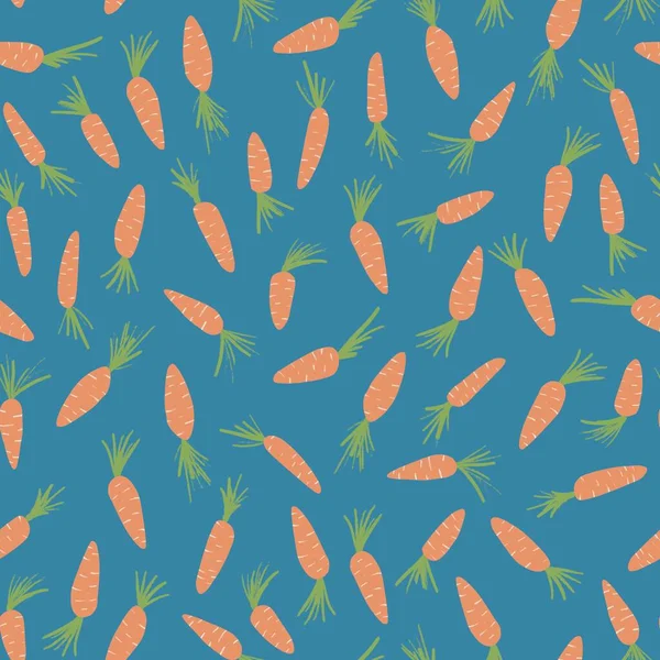 Carino modello di carote arancio senza cuciture. Cartone animato carota vegetale design semplice per tessuto di stampa tessile. Fondo blu — Foto Stock