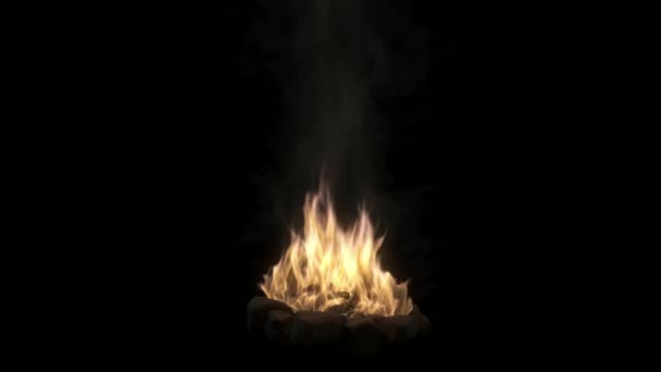 Fuego de campamento con humo aislado sobre fondo negro con canal alfa — Vídeo de stock