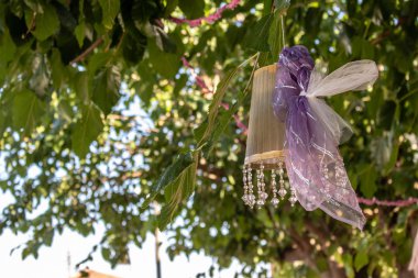 Kristal taşlarla bir ağaca asılı bir süs. arka plan saf doğa olduğunu.