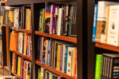 yerel kitapçıda raflarda çeşitli kitaplardan yan ateş