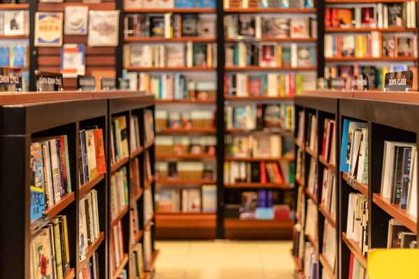Vari libri sugli scaffali in una grande libreria — Foto Stock