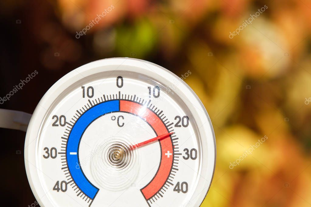 Outdoor thermometer  with celsius scale showing warm temperature - hot indian summer or global warming concept