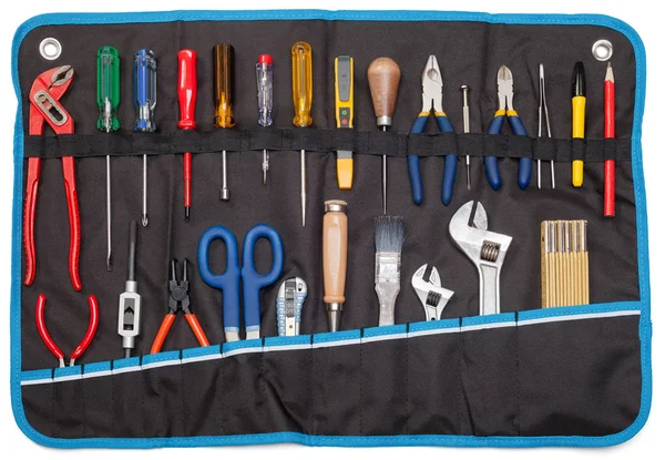 Toolbelt Met Set Van Tools Schroevendraaiers Liniaal Kniptangen Moersleutels Tangen — Stockfoto