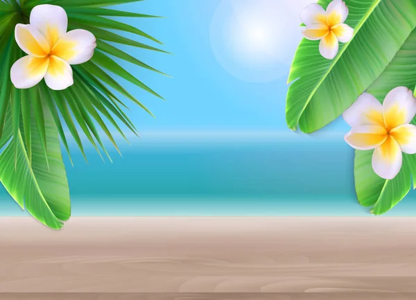 Hej sommar bakgrund med Palm blad och blommor. Vektorillustration — Stock vektor