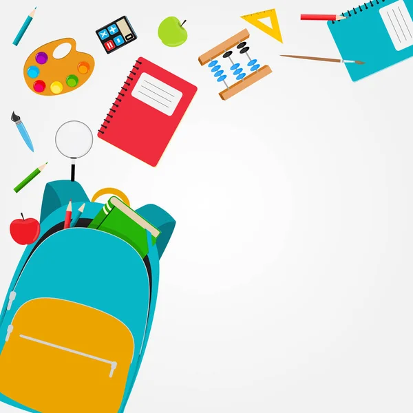 Bolsa, icono de la mochila con accesorios de la escuela. Ilustración vectorial — Vector de stock