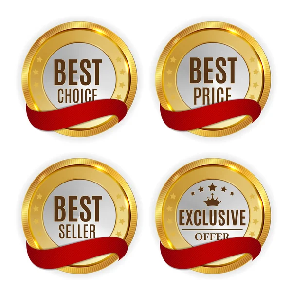 Bästa priset, säljaren, val och exklusiva erbjudande gyllene glänsande etikett med rött band Sign Collection Set. Vektorillustration — Stock vektor