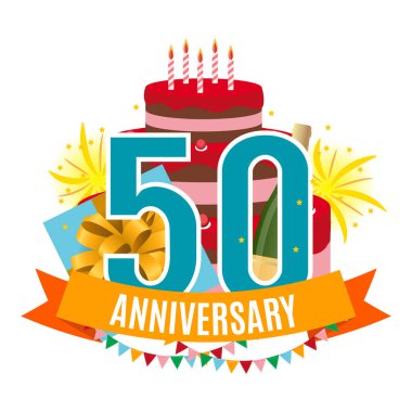 Şablon 50 yıl yıldönümü tebrik ederim, kek, hediye kutusu, Fireworks ile tebrik kartı ve davetiye vektör çizim şerit
