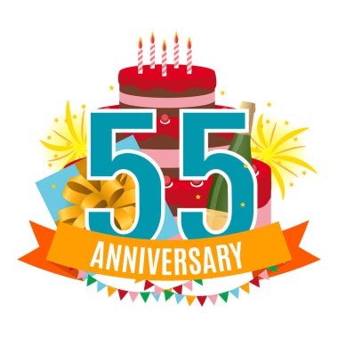 Şablon 55 yıl yıldönümü tebrik ederim, kek, hediye kutusu, Fireworks ile tebrik kartı ve davetiye vektör çizim şerit