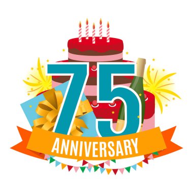 Şablon 75 yıl yıldönümü tebrik ederim, kek, hediye kutusu, Fireworks ile tebrik kartı ve davetiye vektör çizim şerit