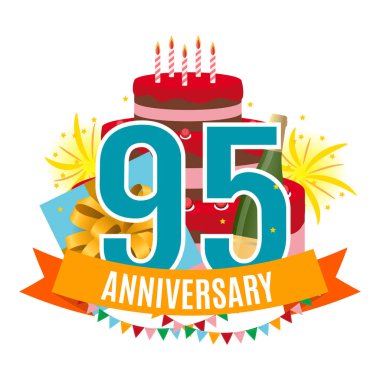 Şablon 95 yıl yıldönümü kutlama, tebrik kartı kek, hediye kutusu, havai fişek ve şerit davet vektör çizim