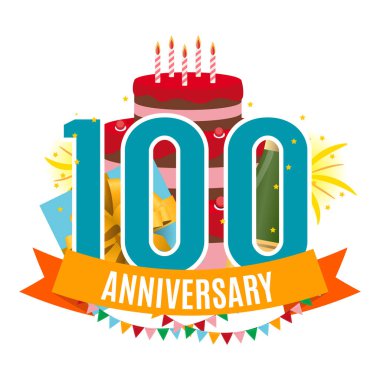 Template 100 Years Anniversary Congratulations, Greeting Card with Cake, Gift Box, Fireworks and Ribbon Invitation Vector Illustration clipart