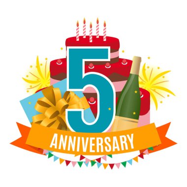 Şablon 5 yıl yıldönümü tebrik ederim, kek, hediye kutusu, Fireworks ile tebrik kartı ve davetiye vektör çizim şerit