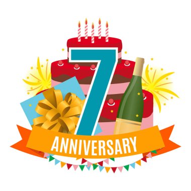 Şablon 7 yıl yıldönümü tebrik ederim, kek, hediye kutusu, Fireworks ile tebrik kartı ve davetiye vektör çizim şerit