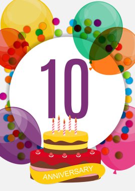 Template 10 Years Anniversary Congratulations, Greeting Card with Cake, Invitation Vector Illustration clipart