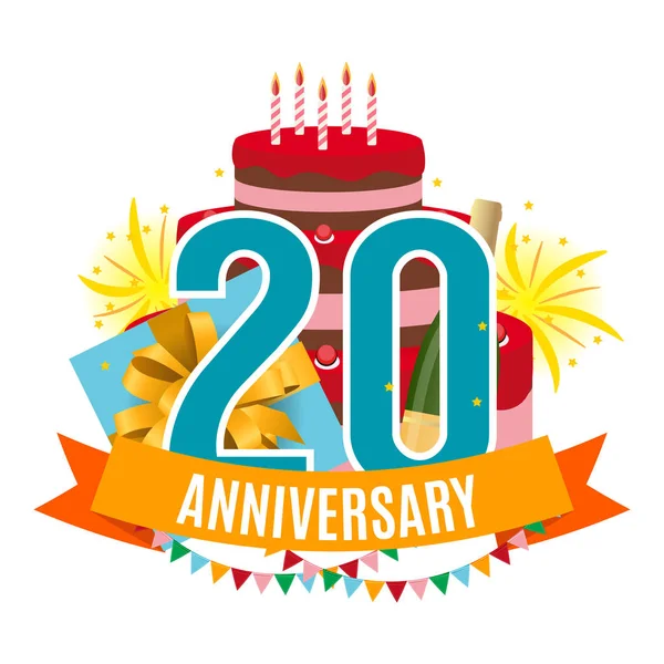 Modèle 20 ans anniversaire Félicitations, carte de vœux avec gâteau, boîte cadeau, feux d'artifice et ruban Invitation Illustration vectorielle — Image vectorielle