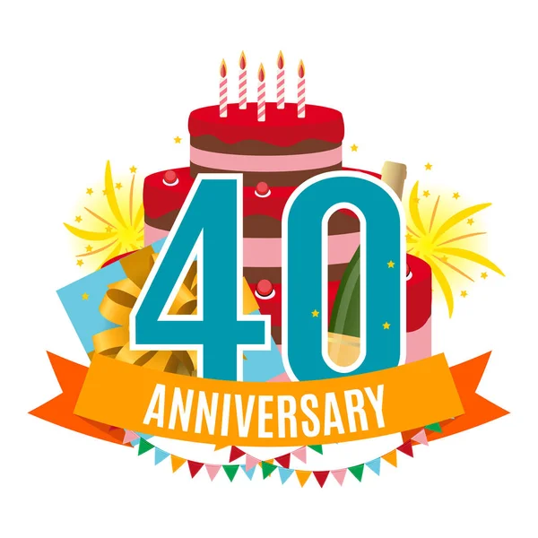 Modelo 40 Anos Aniversário Parabéns, cartão de saudação com bolo, caixa de presente, fogos de artifício e fita Convite Vector Ilustração — Vetor de Stock