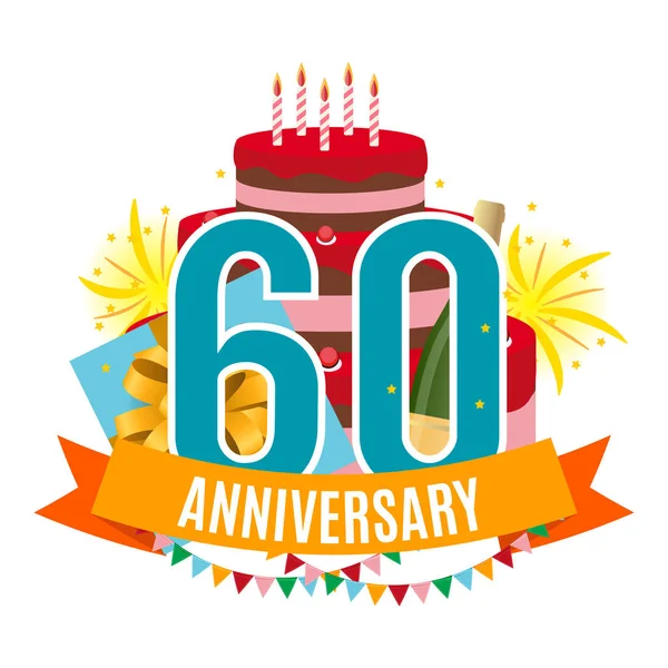 Şablon 60 yıl yıldönümü tebrik ederim, kek, hediye kutusu, Fireworks ile tebrik kartı ve davetiye vektör çizim şerit