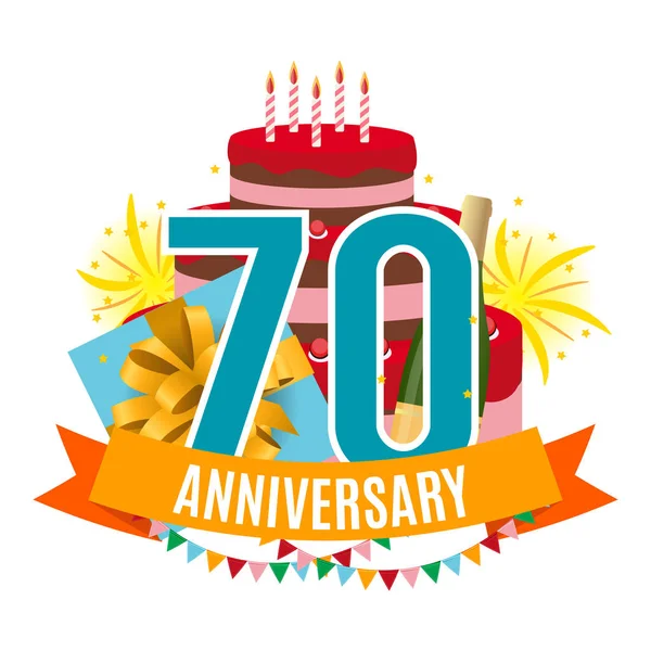 Modello 70 anni Anniversario Congratulazioni, biglietto di auguri con torta, confezione regalo, fuochi d'artificio e nastro Invito vettoriale Illustrazione — Vettoriale Stock