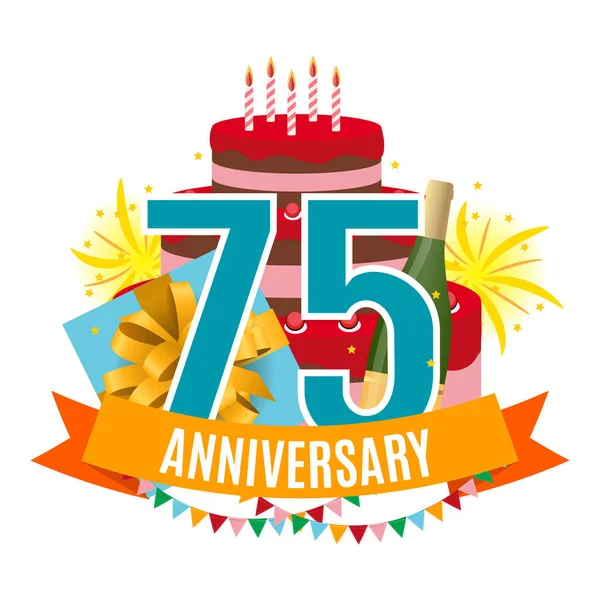 模板75周年祝贺, 贺卡与蛋糕, 礼品盒, 烟花和丝带邀请向量插图 — 图库矢量图片