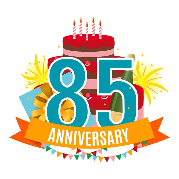 Šablona 85 let výročí blahopřání, blahopřání s dort, dárkové krabičky, ohňostroj a stuha pozvání vektorové ilustrace — Stockový vektor