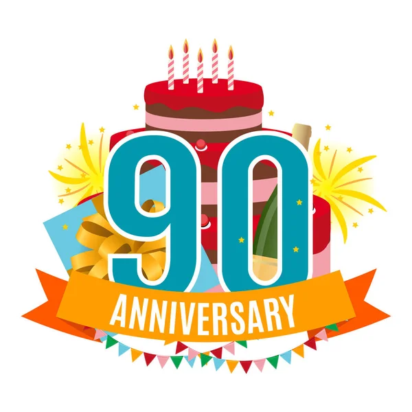 Vorlage Gratulation zum 90-jährigen Jubiläum, Grußkarte mit Kuchen, Geschenkbox, Feuerwerk und Bändchen-Einladungsvektorillustration — Stockvektor