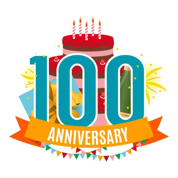 Šablona 100 let výročí blahopřání, blahopřání s dort, dárkové krabičky, ohňostroj a stuha pozvání vektorové ilustrace — Stockový vektor