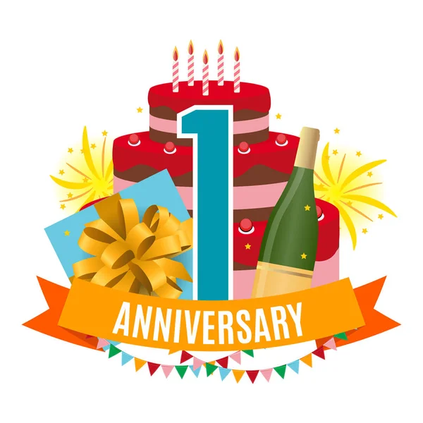 Sjabloon 1 jaar verjaardag Gefeliciteerd, wenskaart met Cake, de doos van de Gift, vuurwerk en lint uitnodiging vectorillustratie — Stockvector