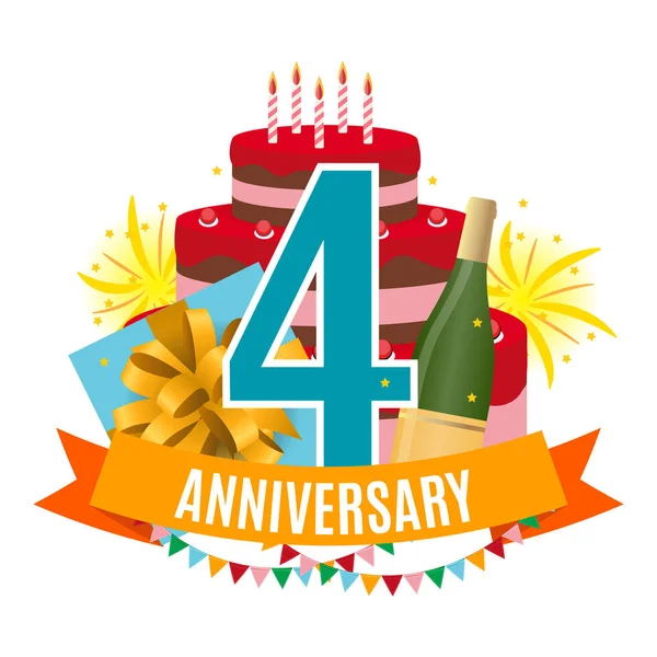 Modelo 4 Anos Aniversário Parabéns, Cartão de saudação com bolo, Caixa de presente, Fogos de artifício e ilustração do vetor de convite de fita —  Vetores de Stock