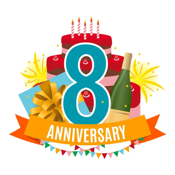 Modelo 8 Anos Aniversário Parabéns, Cartão de saudação com bolo, Caixa de presente, Fogos de artifício e ilustração do vetor de convite de fita —  Vetores de Stock