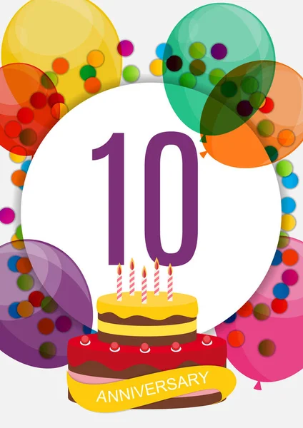 Modèle 10 ans Anniversaire Félicitations, Carte de voeux avec gâteau, Invitation Illustration vectorielle — Image vectorielle