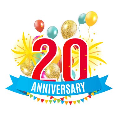 Şablon 20 yıl yıldönümü kutlama, tebrik kartı balonlar davetiyesi vektör çizim ile