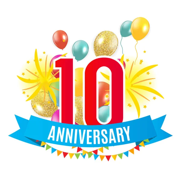 Modello 10 anni Anniversario Congratulazioni, Biglietto di auguri con palloncini Invito vettoriale Illustrazione — Vettoriale Stock